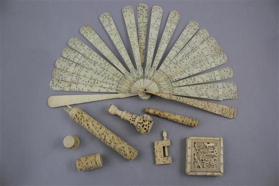 A group of Chinese export ivory items, 19th century, fan 17.5cm.